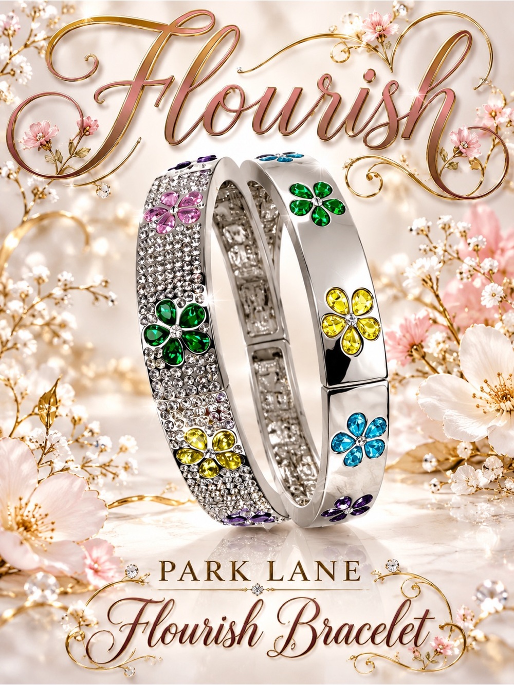 Park Lane Womens Flourish Double Sided Bracelet Silver Crystal Floral Reversible